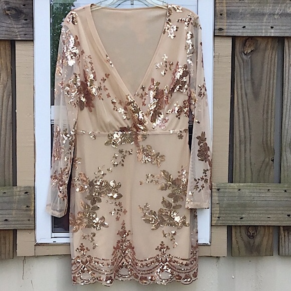 D&M Gold Plunging Neck Sequin Bodycon Dress
